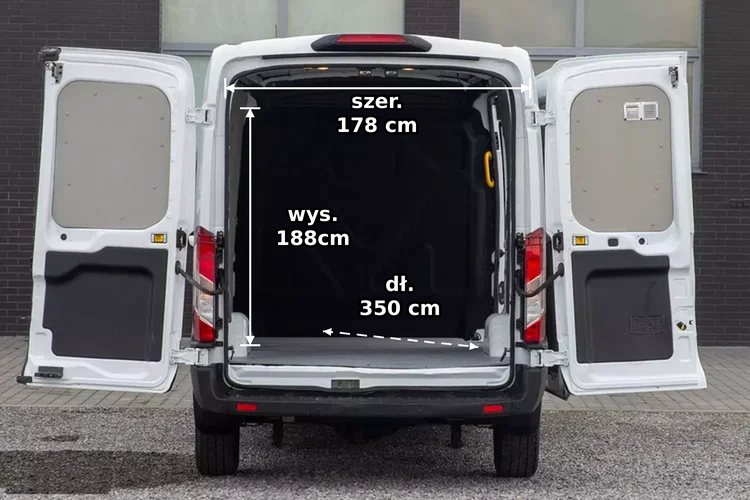 Ford Transit — przestrzeń ładunkowa, szerokość 178 cm, wysokość 188 cm, długość 350 cm